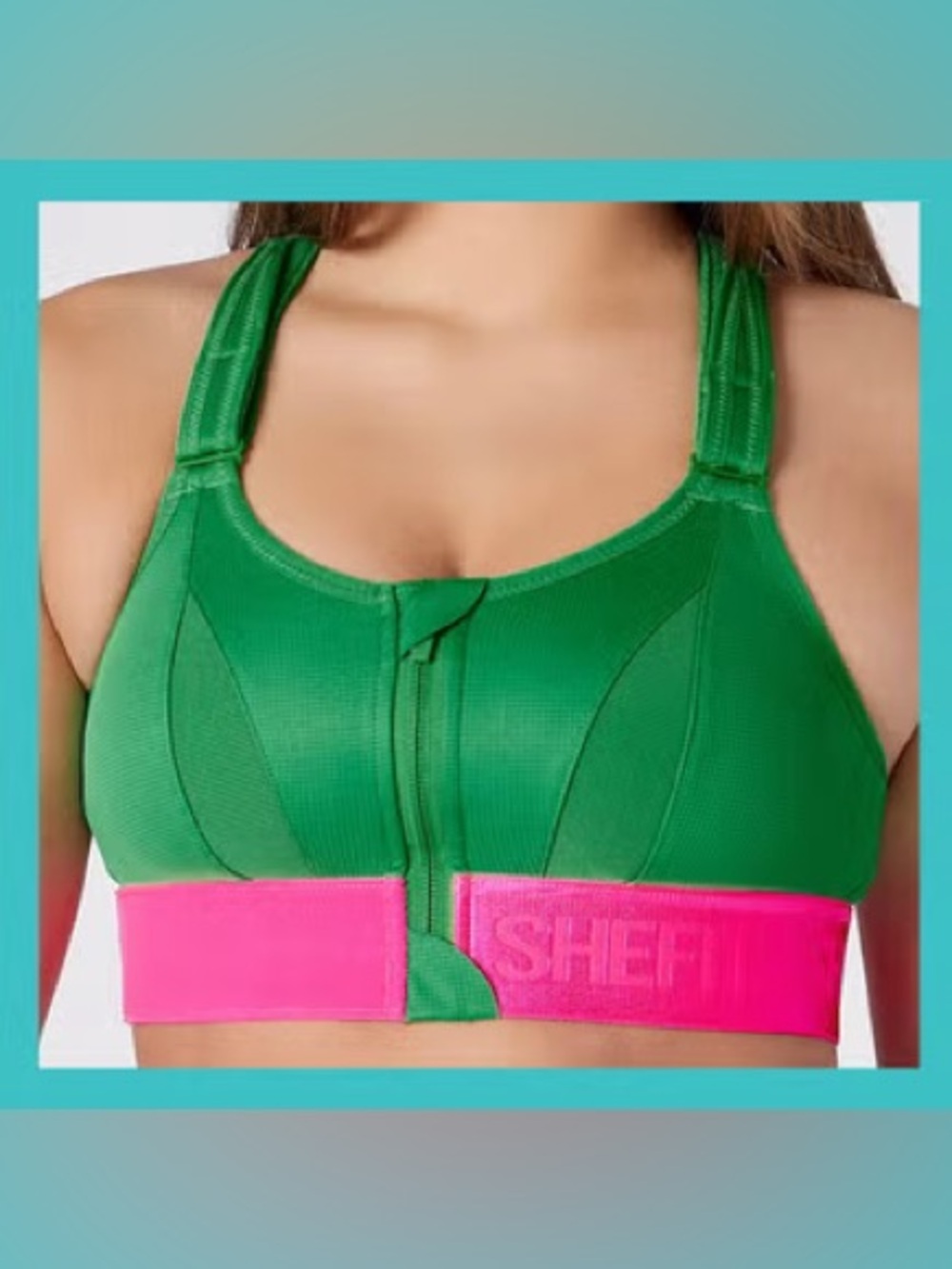 SheFit Green & pink adjustable Sports Zip-Front Sports Bra ~XL